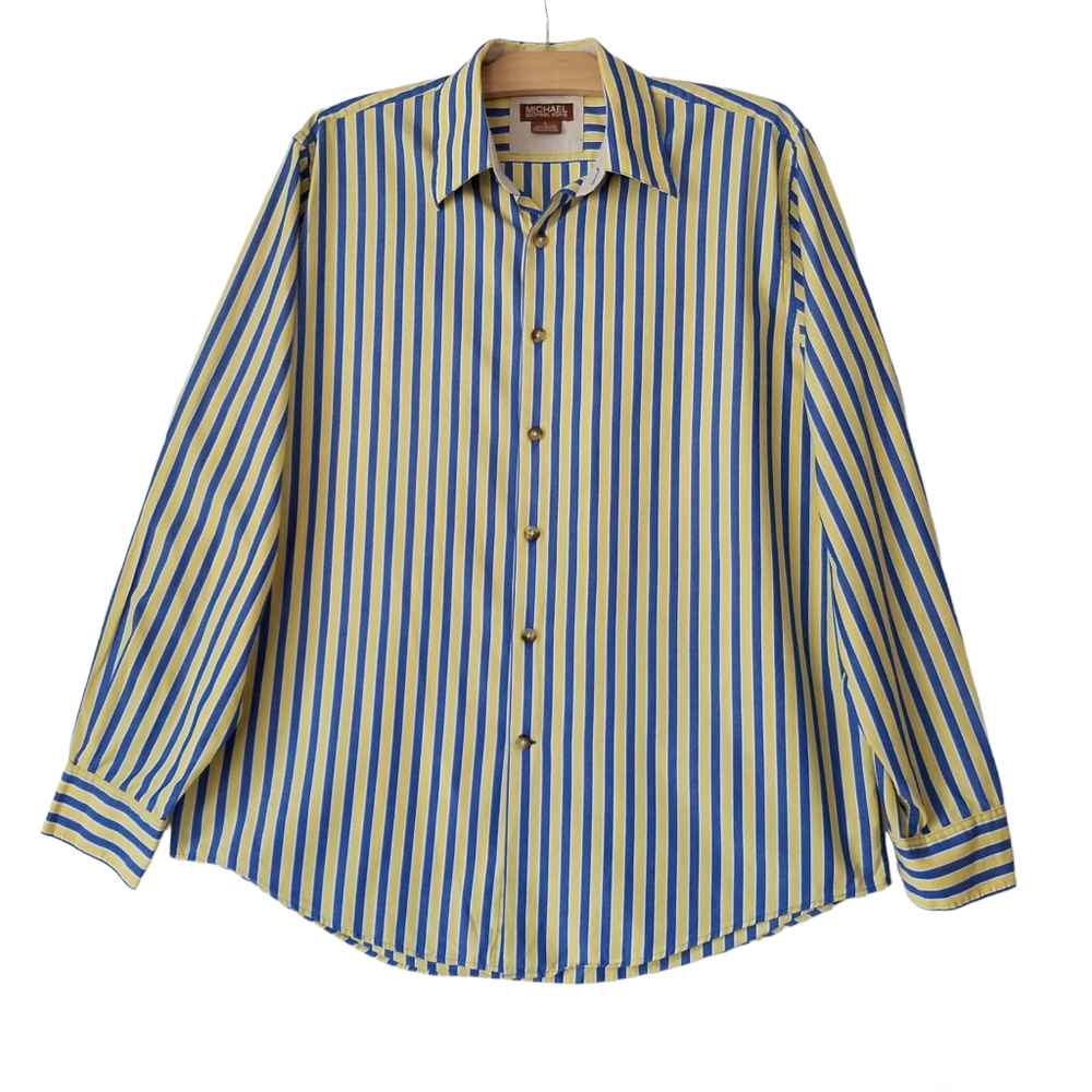 Michael Kors Mens L Button Up Shirt Long Sleeve Striped Blue Yellow